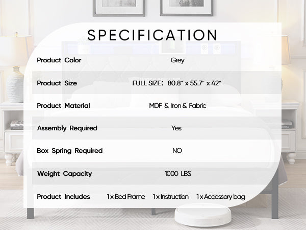 English Elm Full Upholstered Bed Frame with LED Headboard, USB-C Charging Shelf, Metal Slats, Quiet Support W1916124801