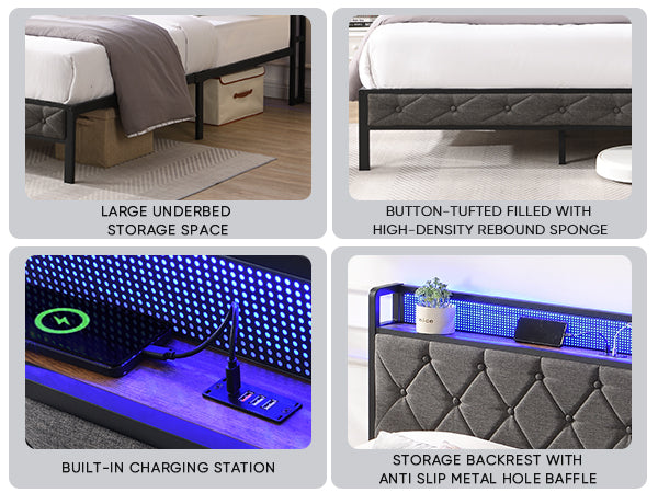 English Elm Queen Upholstered Platform Bed with LED RGB Headboard, USB Type-C Charging Shelf, Noise-Free Design W1916124804