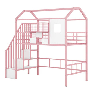 English Elm Metal Loft Bed with Roof Design and Storage Box for Twin Rooms, Space-Saving Study Nook and Ladder Pink GX000633AAH