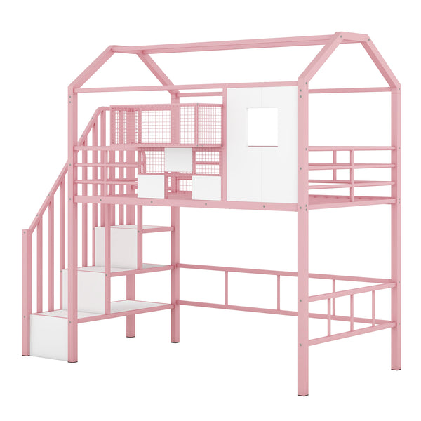 English Elm Metal Loft Bed with Roof Design and Storage Box for Twin Rooms, Space-Saving Study Nook and Ladder Pink GX000633AAH