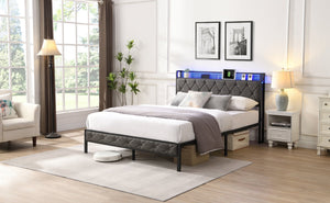 English Elm Queen Upholstered Platform Bed with LED RGB Headboard, USB Type-C Charging Shelf, Noise-Free Design W1916124804