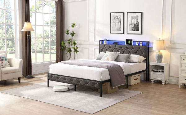 English Elm Queen Upholstered Platform Bed with LED RGB Headboard, USB Type-C Charging Shelf, Noise-Free Design W1916124804