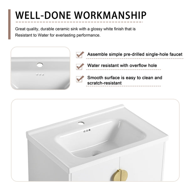 English Elm 28 Inch Wall-Mounted Bathroom Vanity with Ceramic Sink, Soft-Close Doors, Dual Handles, Water-Resistent Finish W999132143