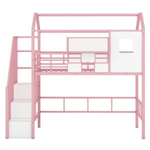 English Elm Metal Loft Bed with Roof Design and Storage Box for Twin Rooms, Space-Saving Study Nook and Ladder Pink GX000633AAH