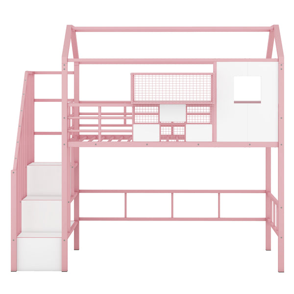 English Elm Metal Loft Bed with Roof Design and Storage Box for Twin Rooms, Space-Saving Study Nook and Ladder Pink GX000633AAH