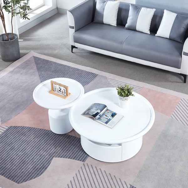 English Elm 2 Piece Matte White Mdf Round Nesting Coffee Table Set for Modern Living Rooms W1241S00208