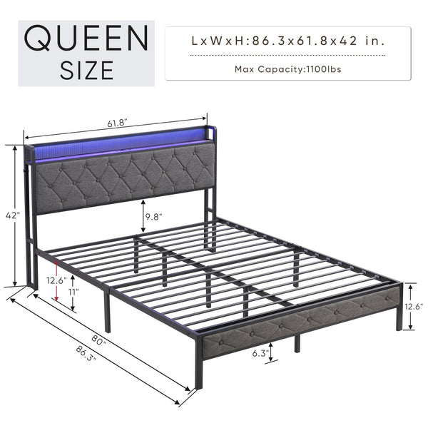 English Elm Queen Upholstered Platform Bed with LED RGB Headboard, USB Type-C Charging Shelf, Noise-Free Design W1916124804