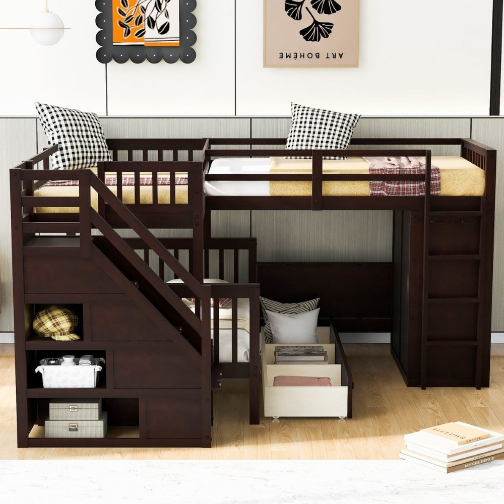 English Elm Twin-twin Over Full L-shaped Bunk Bed with Wardrobe Desk and Stair Storage Espresso LT100542AAP-1