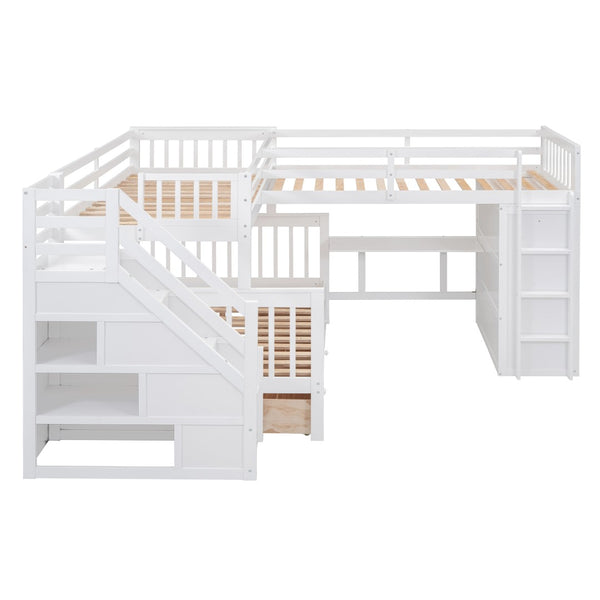 English Elm Twin-twin Over Full L-shaped Bunk Bed with Wardrobe Desk and Stair Storage Espresso White LT100542AAK-1