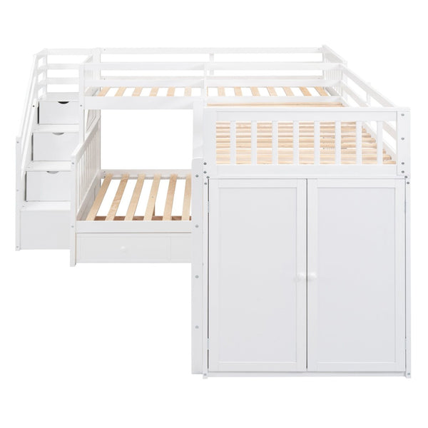 English Elm Twin-twin Over Full L-shaped Bunk Bed with Wardrobe Desk and Stair Storage Espresso White LT100542AAK-1