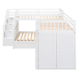 English Elm Twin-twin Over Full L-shaped Bunk Bed with Wardrobe Desk and Stair Storage Espresso White LT100542AAK
