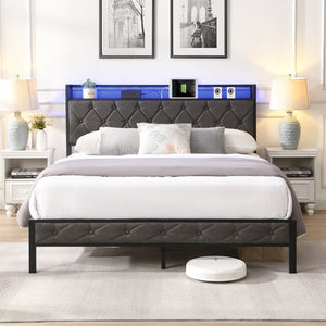 English Elm Queen Upholstered Platform Bed with LED RGB Headboard, USB Type-C Charging Shelf, Noise-Free Design W1916124804