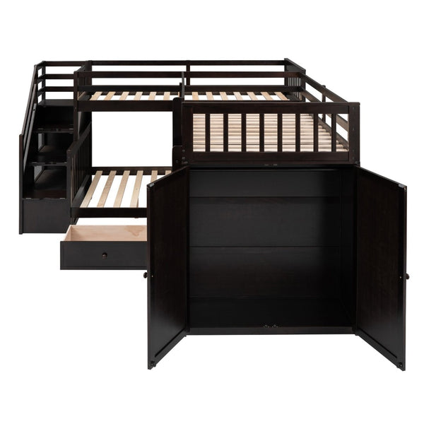 English Elm Twin-twin Over Full L-shaped Bunk Bed with Wardrobe Desk and Stair Storage Espresso LT100542AAP-1