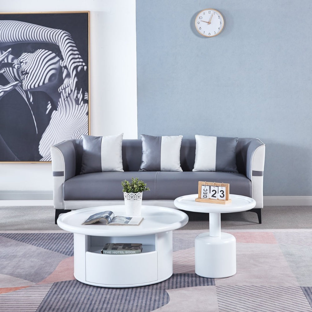 English Elm 2 Piece Matte White Mdf Round Nesting Coffee Table Set for Modern Living Rooms W1241S00208