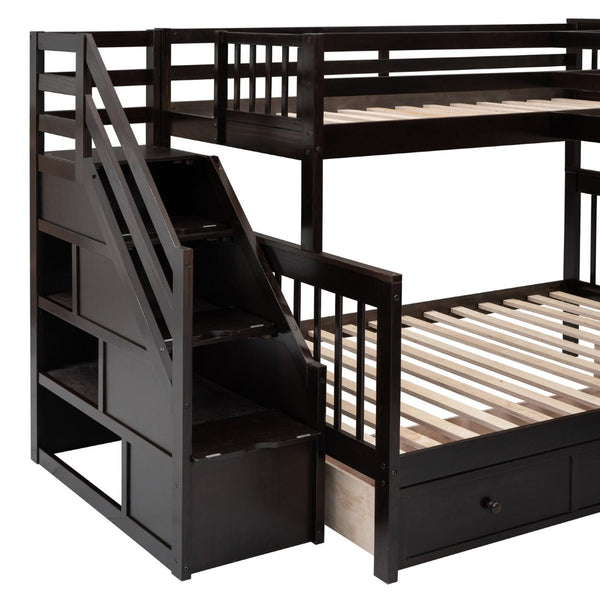 English Elm Twin-twin Over Full L-shaped Bunk Bed with Wardrobe Desk and Stair Storage Espresso LT100542AAP-1