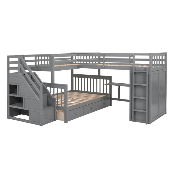 English Elm Twin-twin Over Full L-shaped Bunk Bed with Wardrobe Desk and Stair Storage Espresso Gray LT100542AAE