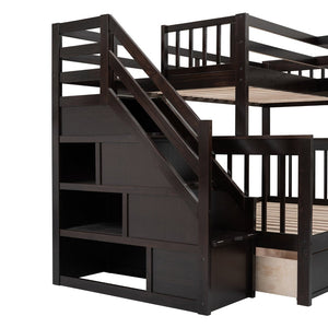 English Elm Twin-twin Over Full L-shaped Bunk Bed with Wardrobe Desk and Stair Storage Espresso LT100542AAP-1