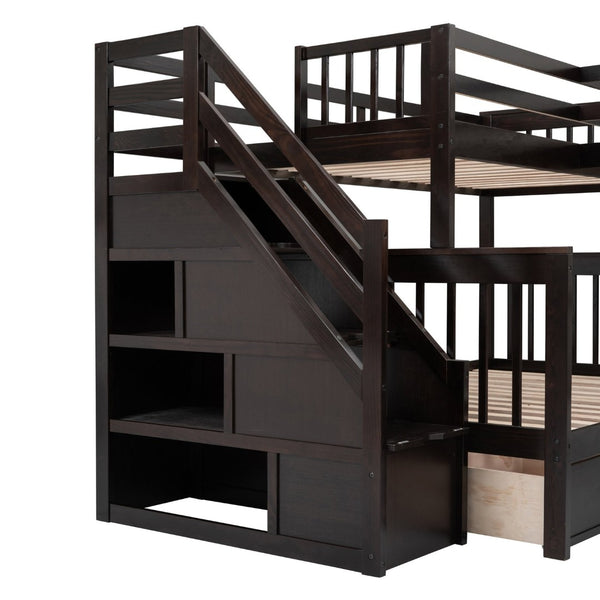 English Elm Twin-twin Over Full L-shaped Bunk Bed with Wardrobe Desk and Stair Storage Espresso LT100542AAP-1