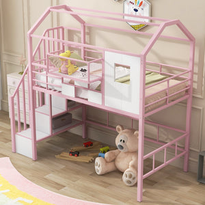 English Elm Metal Loft Bed with Roof Design and Storage Box for Twin Rooms, Space-Saving Study Nook and Ladder Pink GX000633AAH