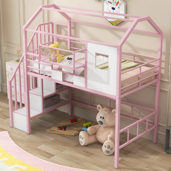 English Elm Metal Loft Bed with Roof Design and Storage Box for Twin Rooms, Space-Saving Study Nook and Ladder Pink GX000633AAH