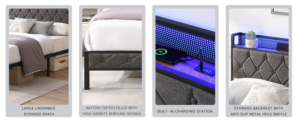 English Elm Queen Upholstered Platform Bed with LED RGB Headboard, USB Type-C Charging Shelf, Noise-Free Design W1916124804