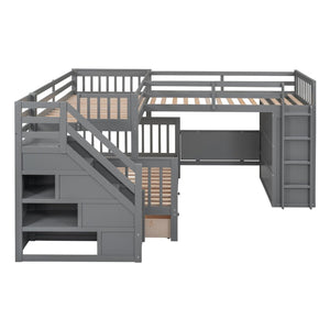English Elm Twin-twin Over Full L-shaped Bunk Bed with Wardrobe Desk and Stair Storage Espresso Gray LT100542AAE