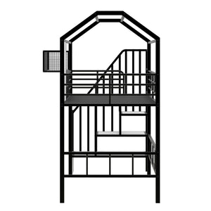 English Elm Metal Loft Bed with Roof Design and Storage Box for Twin Rooms, Space-Saving Study Nook and Ladder Black GX000633AAB