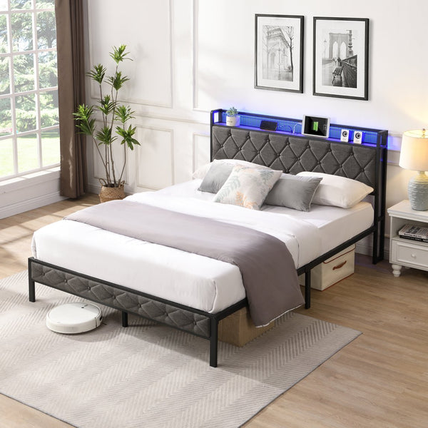 English Elm Full Upholstered Bed Frame with LED Headboard, USB-C Charging Shelf, Metal Slats, Quiet Support W1916124801