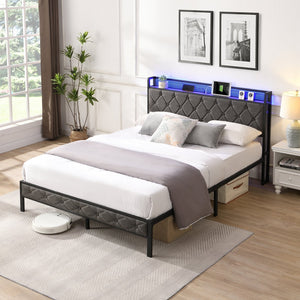 English Elm Queen Upholstered Platform Bed with LED RGB Headboard, USB Type-C Charging Shelf, Noise-Free Design W1916124804