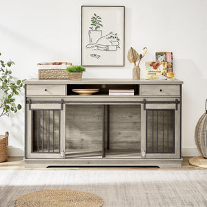 English Elm Super Wide Furniture Grade Dog Crate Tv Stand with Drawers for Two Pets W1162122208