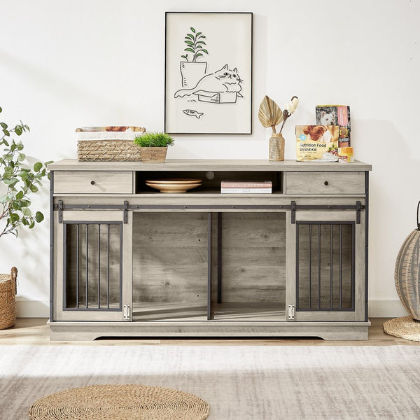 English Elm Super Wide Furniture Grade Dog Crate Tv Stand with Drawers for Two Pets W1162122208