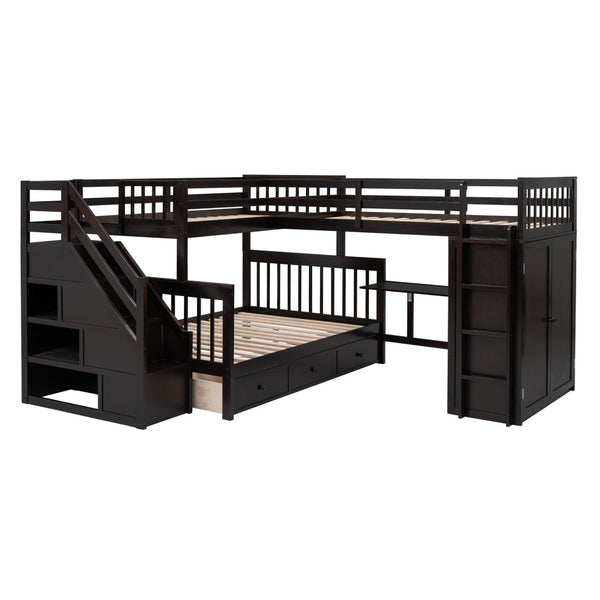 English Elm Twin-twin Over Full L-shaped Bunk Bed with Wardrobe Desk and Stair Storage Espresso LT100542AAP-1