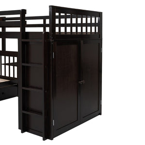 English Elm Twin-twin Over Full L-shaped Bunk Bed with Wardrobe Desk and Stair Storage Espresso LT100542AAP-1