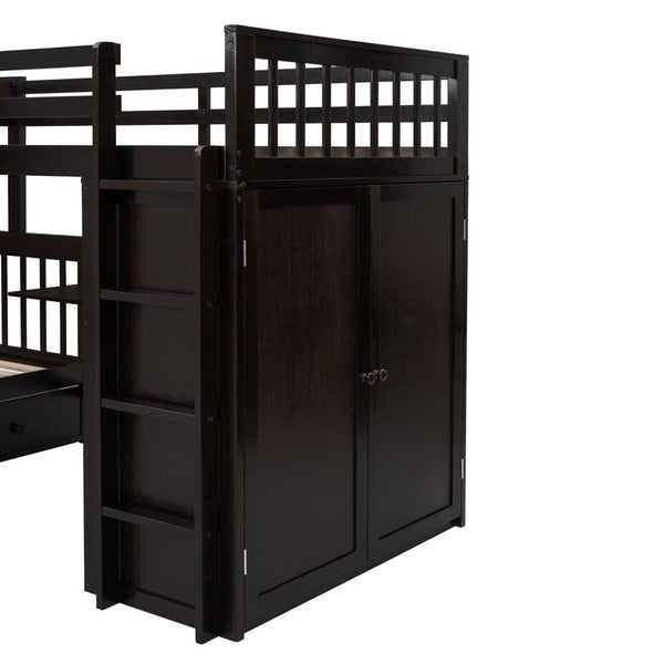 English Elm Twin-twin Over Full L-shaped Bunk Bed with Wardrobe Desk and Stair Storage Espresso LT100542AAP-1