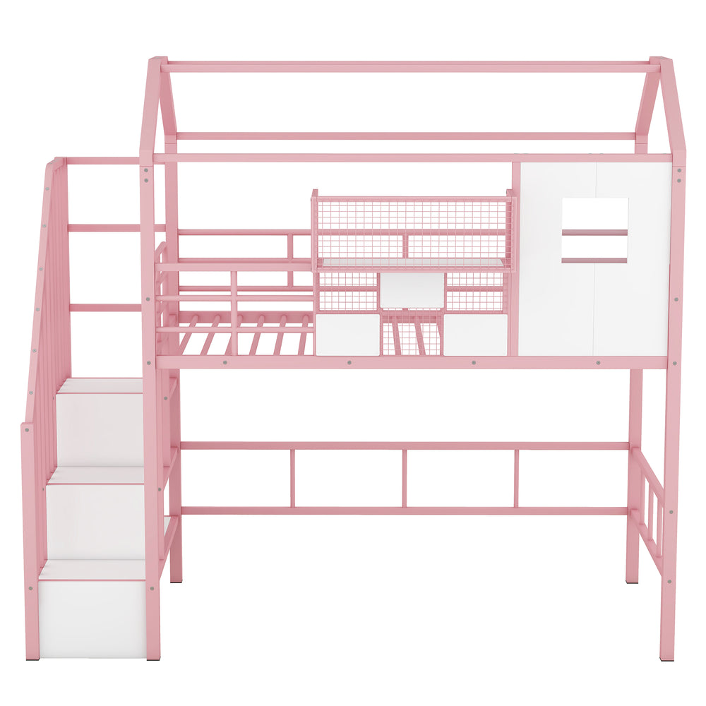 English Elm Metal Loft Bed with Roof Design and Storage Box for Twin Rooms, Space-Saving Study Nook and Ladder Pink GX000633AAH