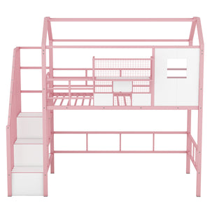 English Elm Metal Loft Bed with Roof Design and Storage Box for Twin Rooms, Space-Saving Study Nook and Ladder Pink GX000633AAH
