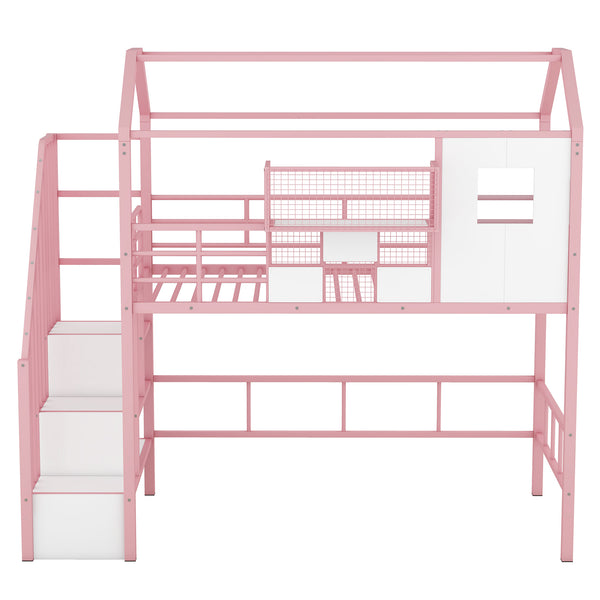 English Elm Metal Loft Bed with Roof Design and Storage Box for Twin Rooms, Space-Saving Study Nook and Ladder Pink GX000633AAH