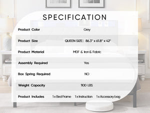 English Elm Queen Upholstered Platform Bed with LED RGB Headboard, USB Type-C Charging Shelf, Noise-Free Design W1916124804