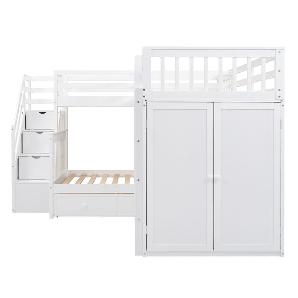 English Elm Twin-twin Over Full L-shaped Bunk Bed with Wardrobe Desk and Stair Storage Espresso White LT100542AAK