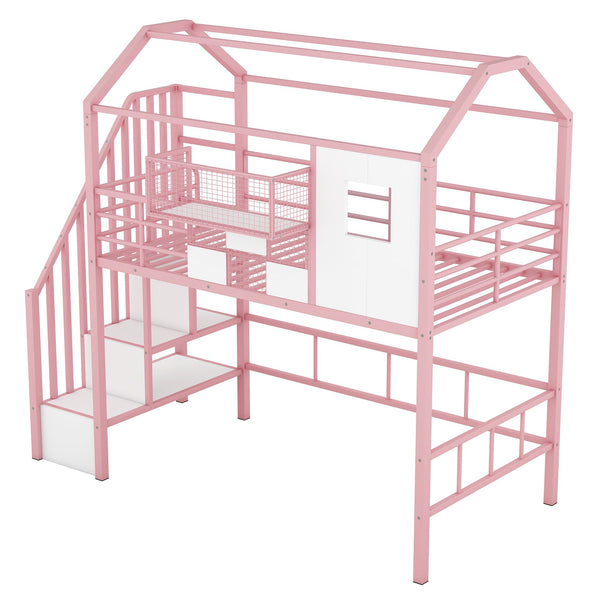 English Elm Metal Loft Bed with Roof Design and Storage Box for Twin Rooms, Space-Saving Study Nook and Ladder Pink GX000633AAH