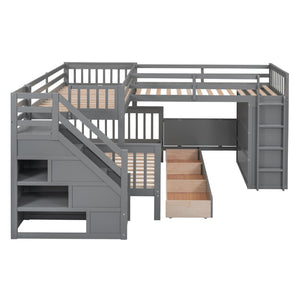 English Elm Twin-twin Over Full L-shaped Bunk Bed with Wardrobe Desk and Stair Storage Espresso Gray LT100542AAE-1