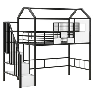 English Elm Metal Loft Bed with Roof Design and Storage Box for Twin Rooms, Space-Saving Study Nook and Ladder Black GX000633AAB