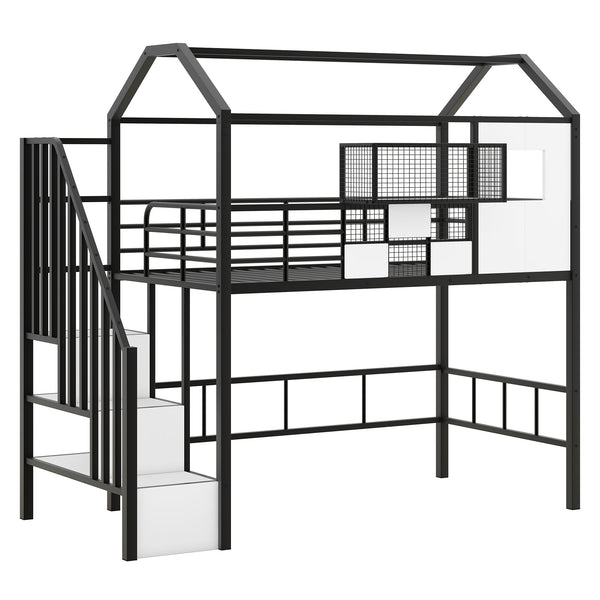 English Elm Metal Loft Bed with Roof Design and Storage Box for Twin Rooms, Space-Saving Study Nook and Ladder Black GX000633AAB