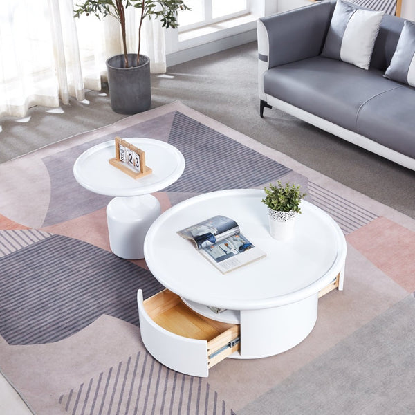 English Elm 2 Piece Matte White Mdf Round Nesting Coffee Table Set for Modern Living Rooms W1241S00208