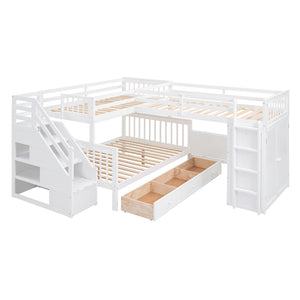 English Elm Twin-twin Over Full L-shaped Bunk Bed with Wardrobe Desk and Stair Storage Espresso White LT100542AAK
