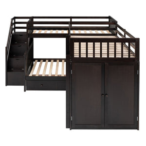 English Elm Twin-twin Over Full L-shaped Bunk Bed with Wardrobe Desk and Stair Storage Espresso LT100542AAP-1