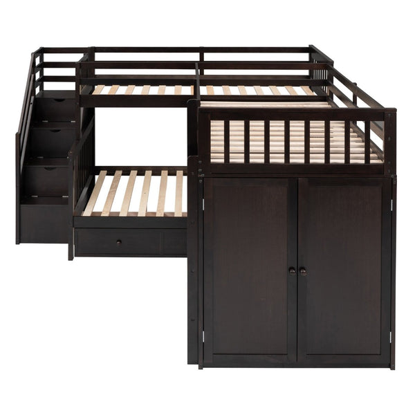 English Elm Twin-twin Over Full L-shaped Bunk Bed with Wardrobe Desk and Stair Storage Espresso LT100542AAP-1