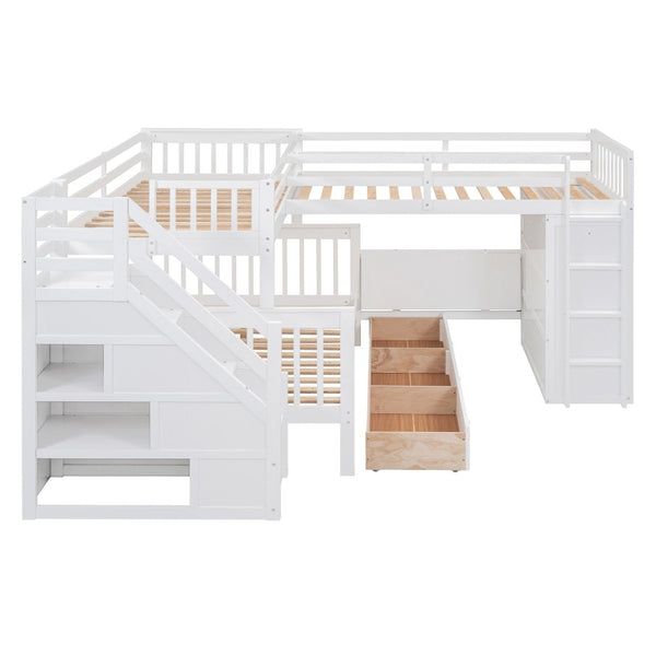English Elm Twin-twin Over Full L-shaped Bunk Bed with Wardrobe Desk and Stair Storage Espresso White LT100542AAK