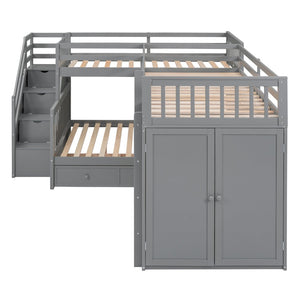 English Elm Twin-twin Over Full L-shaped Bunk Bed with Wardrobe Desk and Stair Storage Espresso Gray LT100542AAE
