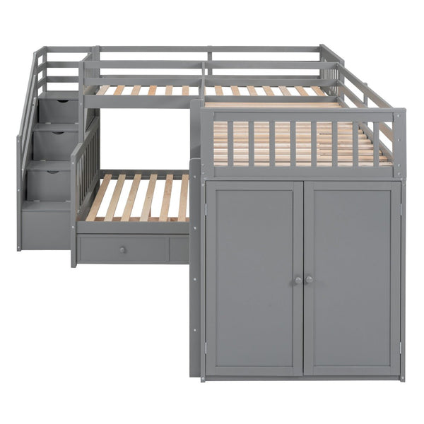 English Elm Twin-twin Over Full L-shaped Bunk Bed with Wardrobe Desk and Stair Storage Espresso Gray LT100542AAE